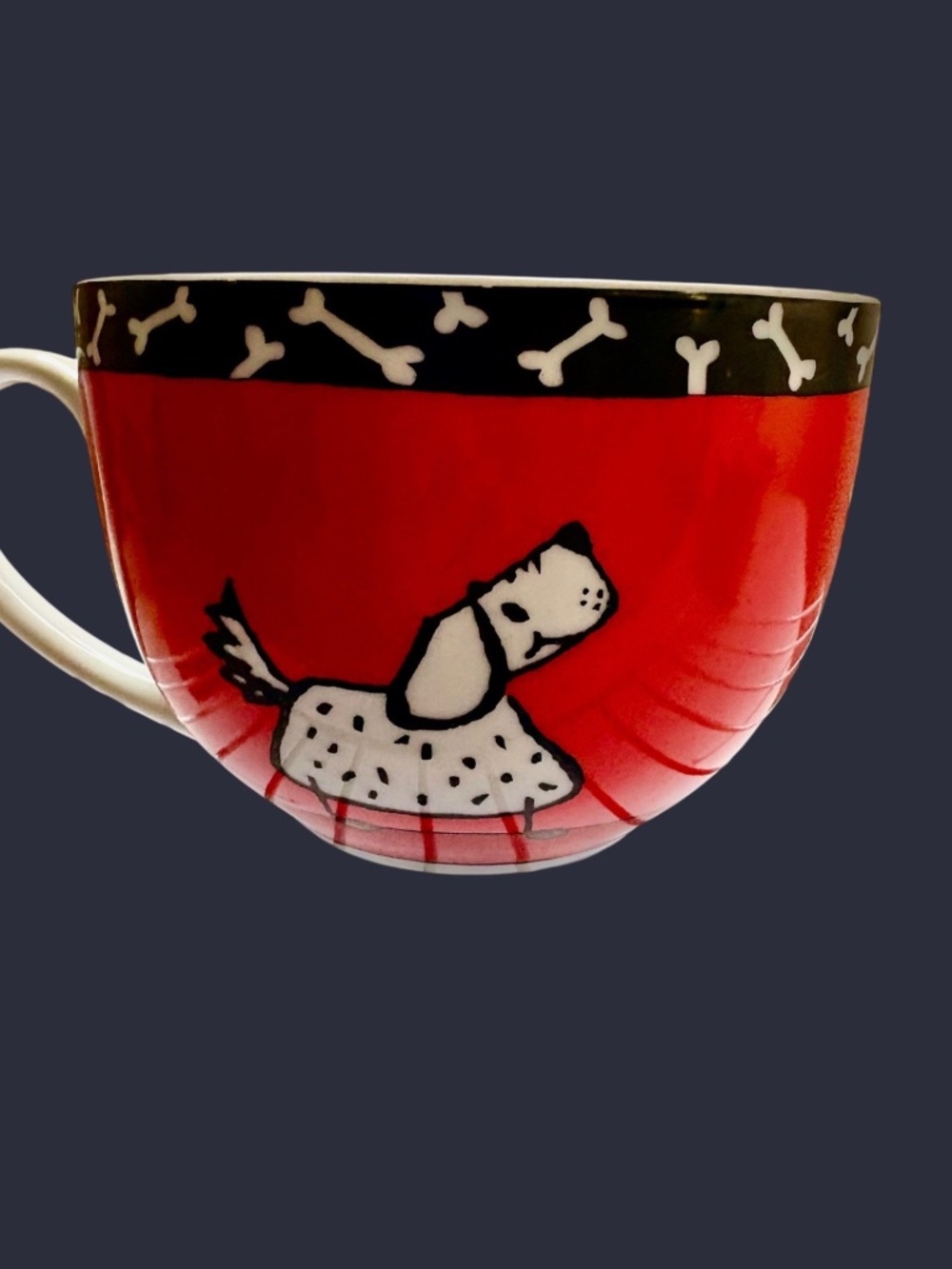 Konitz Germany Porcelain Spotted Dog Chasing Cat Red White Black Coffee Mug